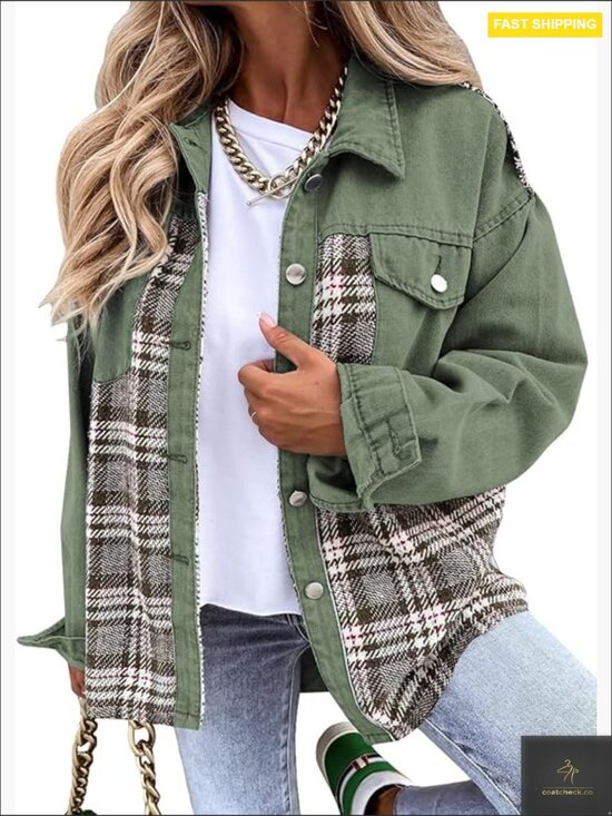 Oversized Denim Jacket Plaid Shacket Boyfriend Fit Long Sleeve Button Down